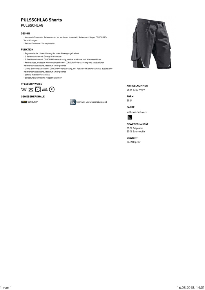 ca. anthrazit/schwarz Pulsschlag, 260g/m², KÜBLER-Workwear-Bermuda-Arbeits-Berufs-Shorts,