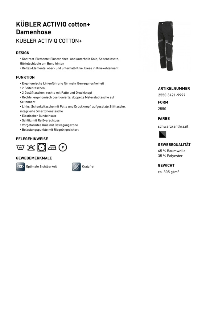 KÜBLER-Activiq-Cotton+-Damenbundhose, ca. 305g/m², schwarz/anthrazit