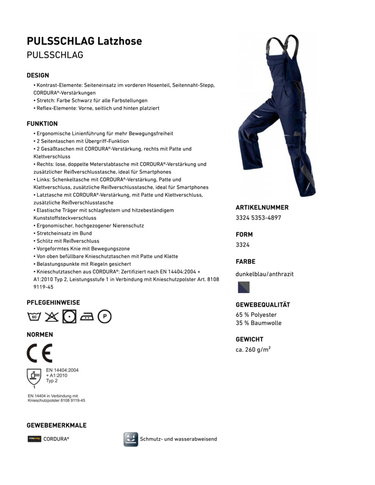 KÜBLER-Workwear-Arbeits-Berufs-Latz-Hose Pulsschlag, ca. 260g/m², dunkelblau /anthrazit