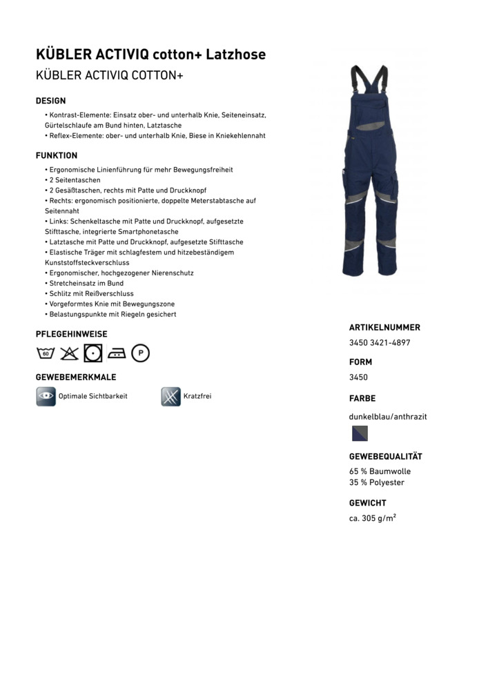 KÜBLER-Activiq Cotton+, Latzhose, ca. 305g/m², dunkelblau/anthrazit