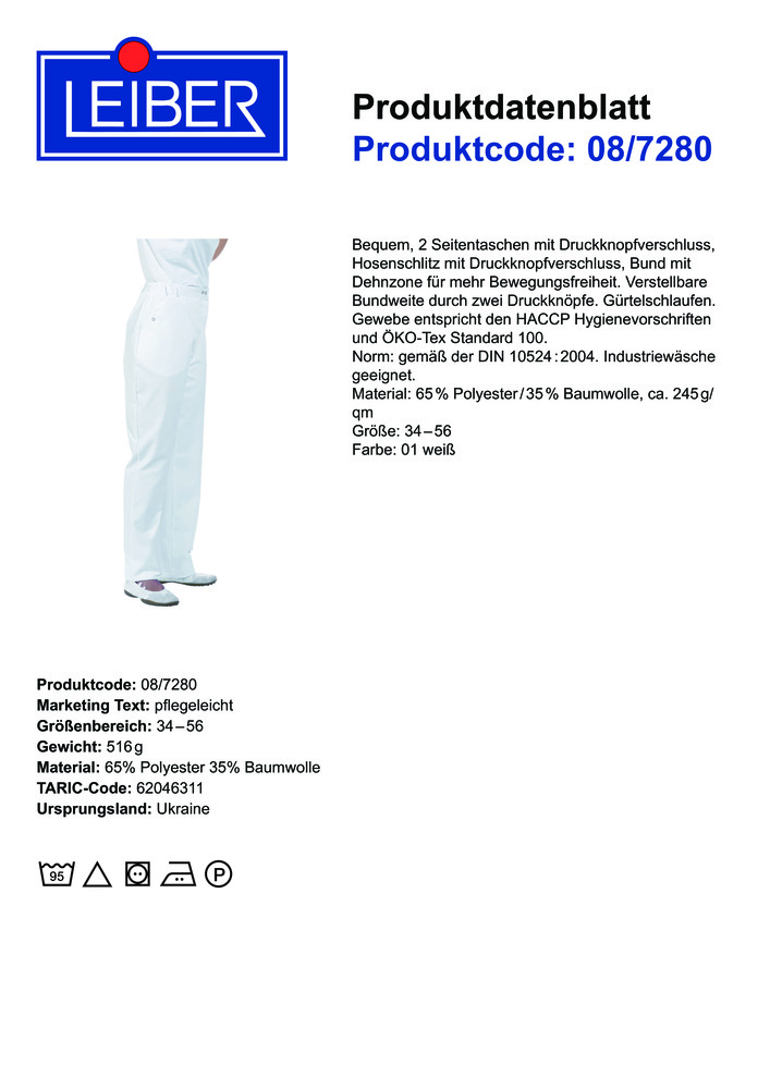 Damenhose Hygienekleidung Berufshose 08-7280  Industrie Food Haccp Leiber 