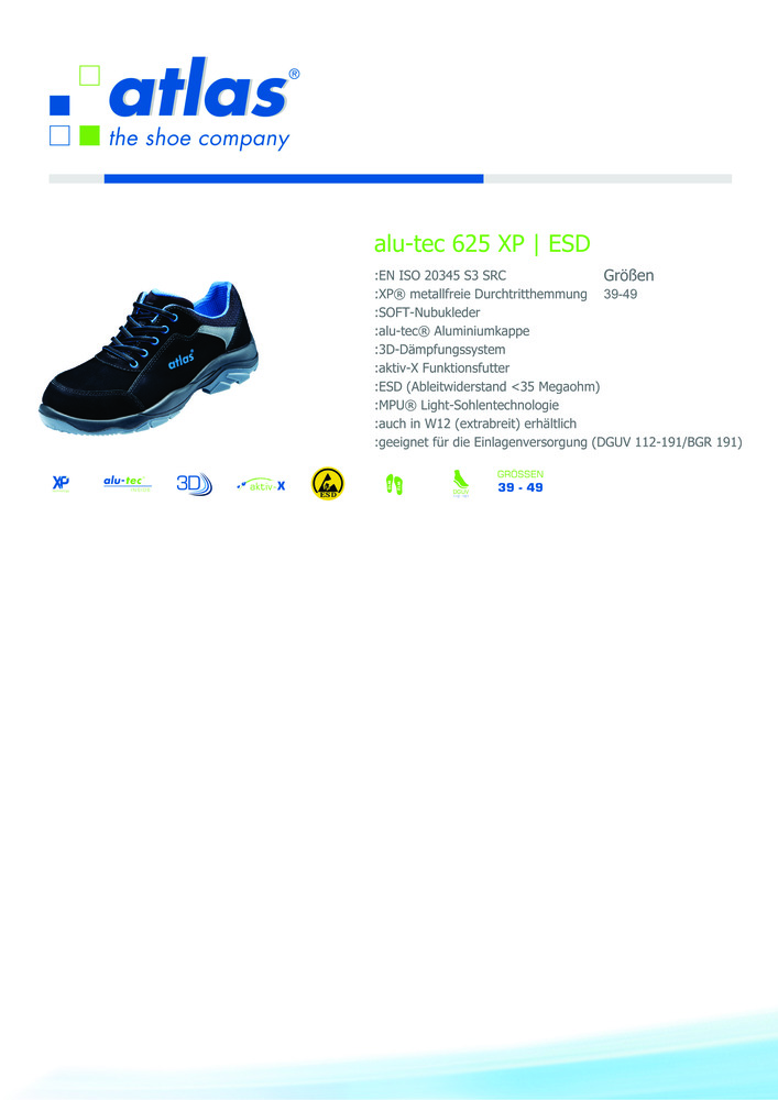 ATLAS-S3-Sicherheitshalbschuhe, Alu-Tec 625 ESD, Weite: 12