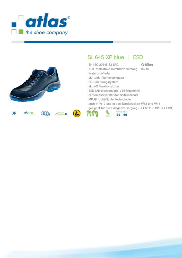 ATLAS-S3-Sicherheitshalbschuhe, SL 645 XP blue, ESD, Weite 13, blau