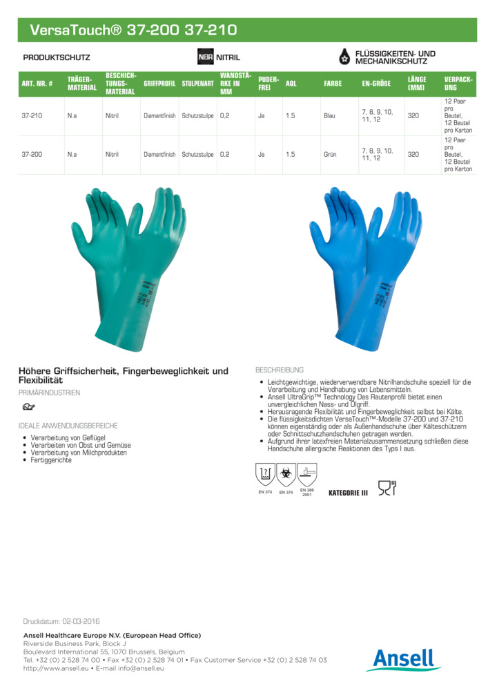 Ansell 37-210 VersaTouch Nitril Handschuhe Nitrilhandschuh Gr 7 blau 12 Paar 