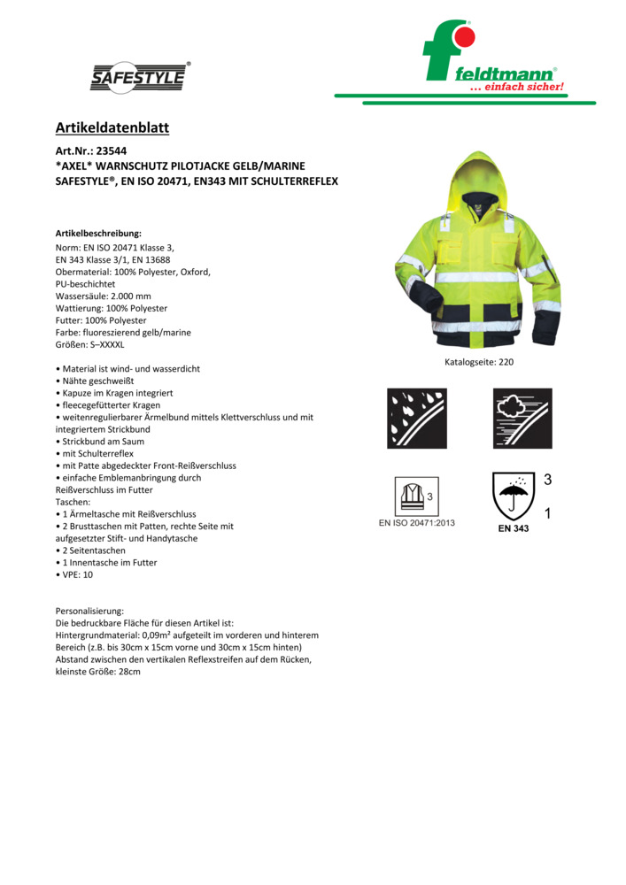 Warn-Schutz-Piloten-Arbeits-Berufs-Jacke, fluoreszierend F-SAFESTYLE, AXEL, gelb/