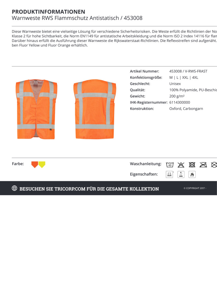 TRICORP-Warnweste RWS Flammschutz, antistatisch, Basic Fit, 200 g/m², yellow