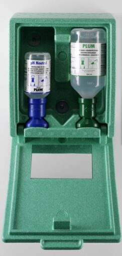 AUGEN-NOTFALLSTATION in Wandbox/Spiegel, mit 1 x 200 ml (pH neutral) 1 x 500 ml Flaschen