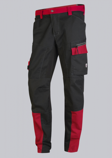 BP-HYBRID-ARBEITSHOSE, leicht, Stretcheinstze, Reflexelemente am Bein und an der Schenkeltasche, Farbe: schwarz/rot