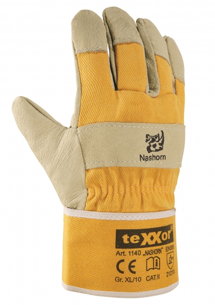 BIG-TEXXOR-Schweinsvoll-Leder-Arbeits-Handschuhe, Nashorn, gelb, gelber Drell