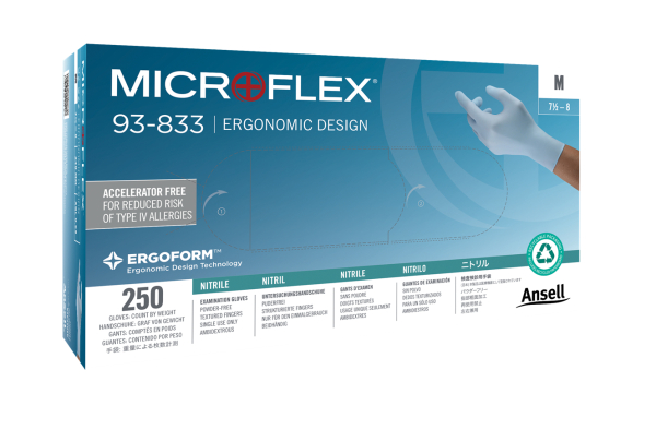 ANSELL-EINWEG-NITRIL-HANDSCHUHE, MICROFLEX, 93-833, Pkg. � 250 St�ck, VE: 10 Pkg. blau