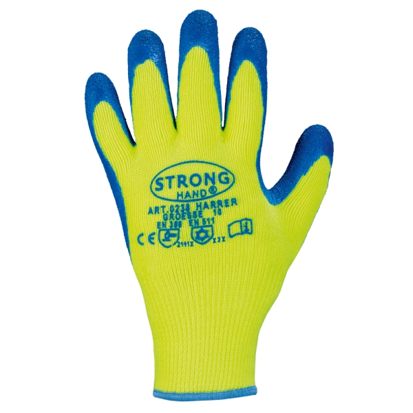 F-STRONGHAND, Mittelstrick, Acryl, Latex beschichtet, Arbeitshandschuhe, *HARRER*, VE: 60 Paar, gelb/blau