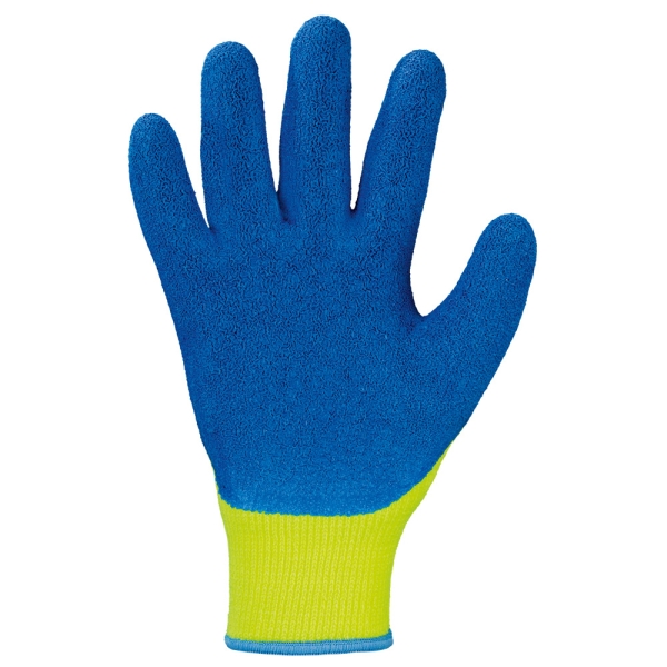 F-STRONGHAND, Mittelstrick, Acryl, Latex beschichtet, Arbeitshandschuhe, *HARRER*, VE: 60 Paar, gelb/blau