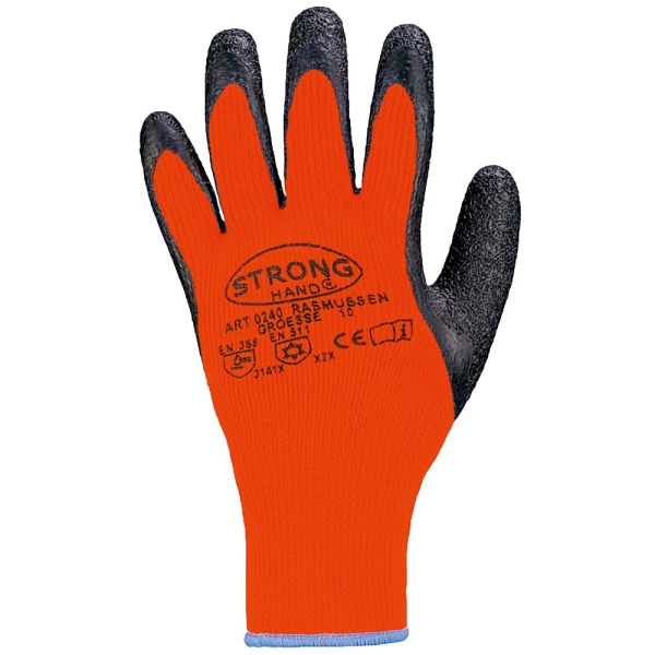 F-STRONGHAND, Mittelstrick, Acryl, Latex beschichtet, Arbeitshandschuhe, *RASMUSSEN*,  VE: 60 Paar, schwarz/orange