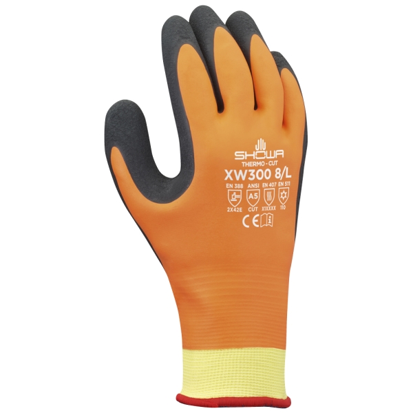 F-*SHOWA XW300* SHOWA® HANDSCHUHE-LEVEL E SCHNITTSCHUTZ / LEVEL 1 HITZESCHUTZ LINER / KÄLTESCHUTZ, LATEX, ORANGE / SCHWARZ