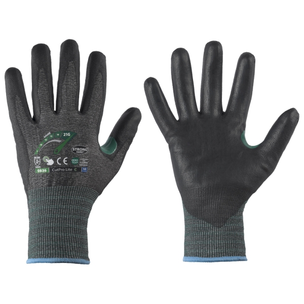 F-*CUTPRO LITE C* STRONGHAND® HANDSCHUHE-LEVEL C, SCHNITTSCHUTZ, TOUCH SCREEN FUNKTION, 21 G, PU, GRAU/SCHWARZ, KAT 2
