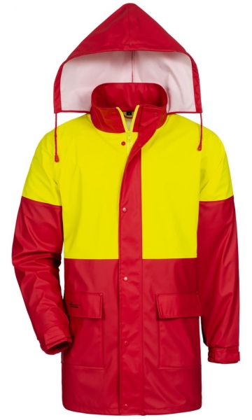 F-NORWAY-Regen-Wetter-Schutz-Jacke, PU-Arbeitsjacke, Modell Akazie, Farbe rot/gelb/schwarz