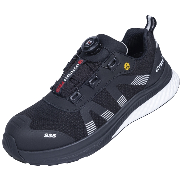 F-*CUSHIONPRO® SHIELD* HALBSCHUHE S3S-*ELYSEE®* SCHWARZ/ WEIß ABGESETZT EN ISO 20345:2022 + A1:2024 S3S FO SR SC ESD