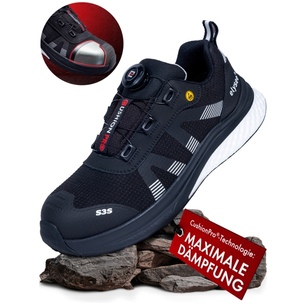 F-*CUSHIONPRO� SHIELD* HALBSCHUHE S3S-*ELYSEE�* SCHWARZ/ WEI� ABGESETZT EN ISO 20345:2022 + A1:2024 S3S FO SR SC ESD