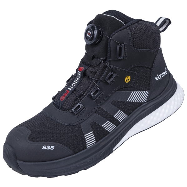 F-*CUSHIONPRO® MAX* STIEFEL S3S-*ELYSEE®* SCHWARZ/ WEIß ABGESETZT EN ISO 20345:2022 + A1:2024 S3S FO SR SC ESD