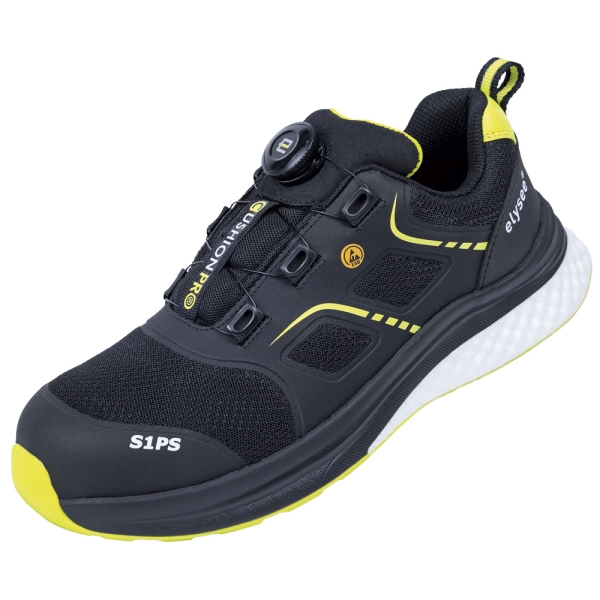 F-*CUSHIONPRO® FLEX I* HALBSCHUHE S1PS-*ELYSEE®* SCHWARZ/ GELB ABGESETZT EN ISO 20345:2022 + A1:2024 S1PS FO SR SC ESD