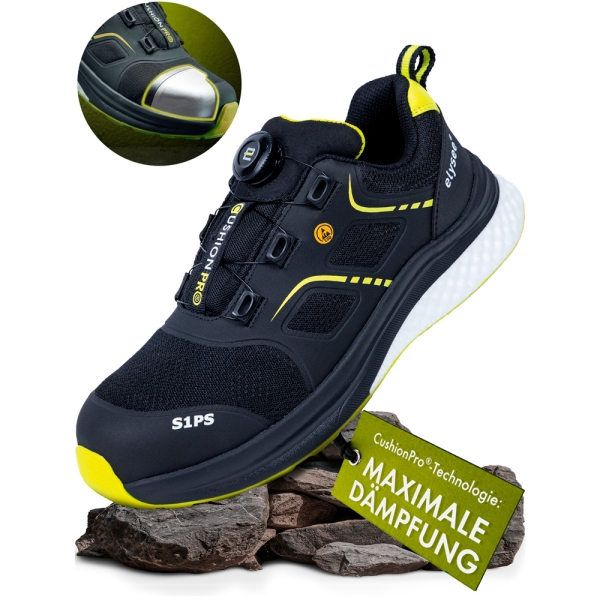 F-*CUSHIONPRO� FLEX I* HALBSCHUHE S1PS-*ELYSEE�* SCHWARZ/ GELB ABGESETZT EN ISO 20345:2022 + A1:2024 S1PS FO SR SC ESD