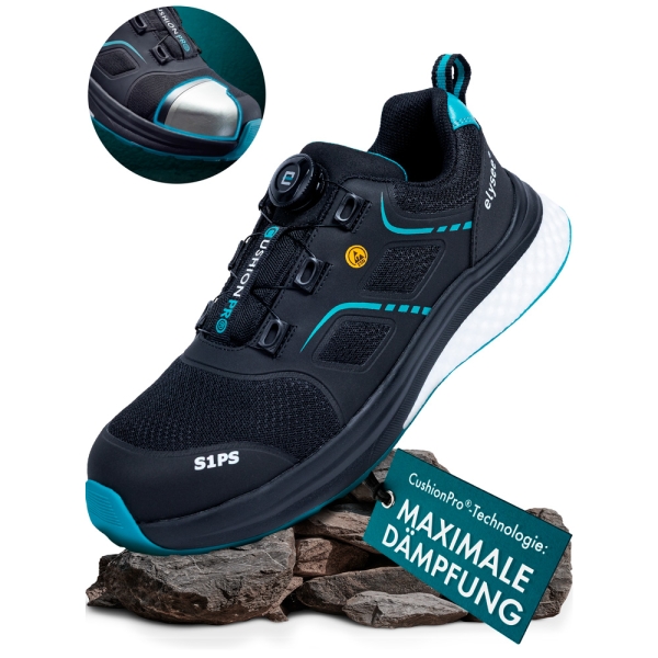F-*CUSHIONPRO� FLEX II* HALBSCHUHE S1PS-*ELYSEE�* SCHWARZ/ PETROL ABGESETZT EN ISO 20345:2022 + A1:2024 S1PS FO SR SC ESD