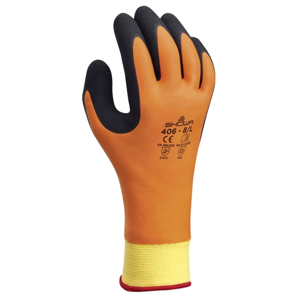 F-*SHOWA 406* SHOWA� HANDSCHUHE, POLYESTER / NYLON / POLYACRYL DOPPELLINER - GELB, DOPPELTE LATEX BESCHICHTUNG, ORANGE / SCHWARZ, K�LTE- / HITZESCHUTZ, KAT 2