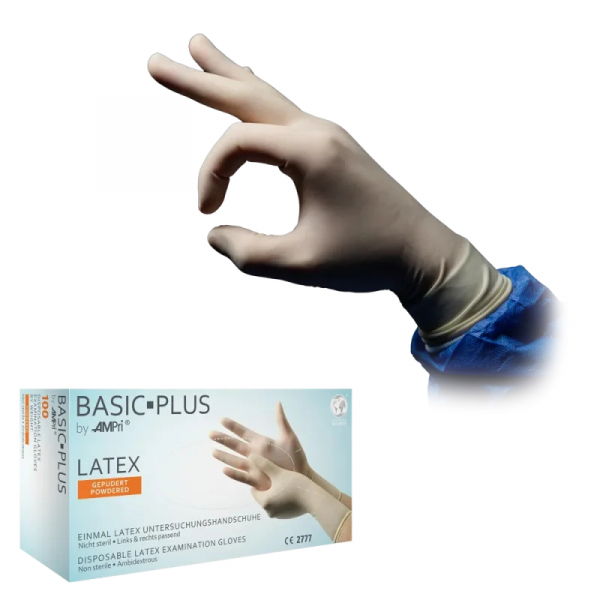 AMPRI-Hand-Schutz, Einweg-Latex-Einmal-Handschuhe, BASIC PLUS gepudert, Pkg  100 Stck, VE = 10 Pkg, wei