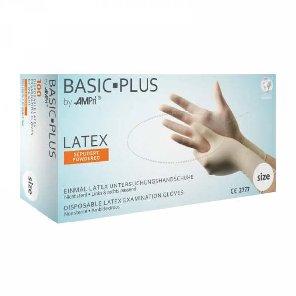 AMPRI-Hand-Schutz, Einweg-Latex-Einmal-Handschuhe, BASIC PLUS gepudert, Pkg  100 Stck, VE = 10 Pkg, wei