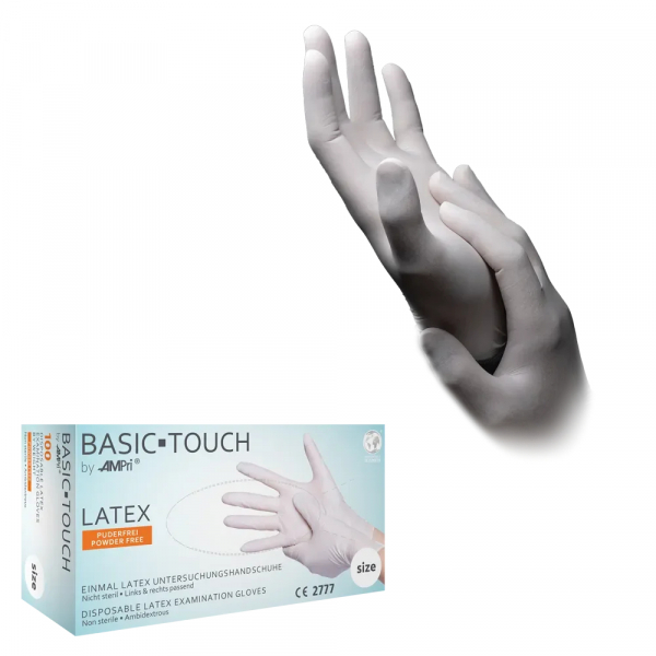 AMPRI-Einweg-Latex-Einmal-Untersuchungs-Handschuhe, BASIC-TOUCH, puderfrei, unsteril, 240 mm lang, Pkg  100 Stck, VE = 10 Pkg, hell-blau