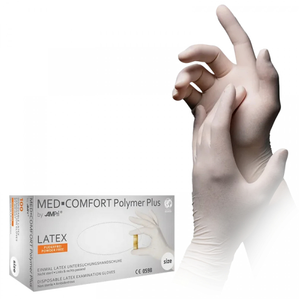AMPRI-Hand-Schutz, Einweg-Latex-Einmal-Untersuchungshandschuhe, POLYMER PLUS, puderfrei, polymerbeschichtet, Pkg  100 Stck, VE = 10 Pkg, hellbeige