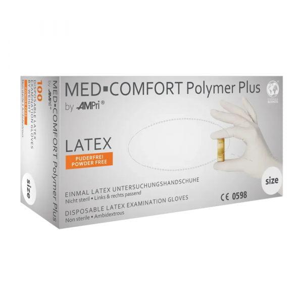 AMPRI-Hand-Schutz, Einweg-Latex-Einmal-Untersuchungshandschuhe, POLYMER PLUS, puderfrei, polymerbeschichtet, Pkg  100 Stck, VE = 10 Pkg, hellbeige