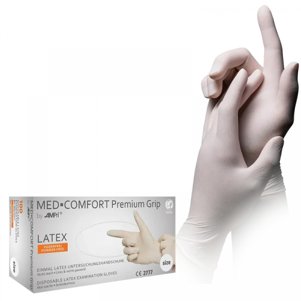 AMPRI-Med-Comfort Premium Grip Latex-Untersuchungshandschuh, wei, ungepudert, VE= 10 Boxen  100 Stck