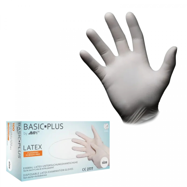 AMPRI-Hand-Schutz, Einweg-Latex-Einmal-Handschuhe, BASIC PLUS, puderfrei, unsteril, Pkg  100 Stck, VE = 1 Pkg, wei