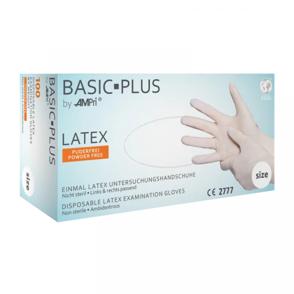 AMPRI-Hand-Schutz, Einweg-Latex-Einmal-Handschuhe, BASIC PLUS, puderfrei, unsteril, Pkg  100 Stck, VE = 1 Pkg, wei