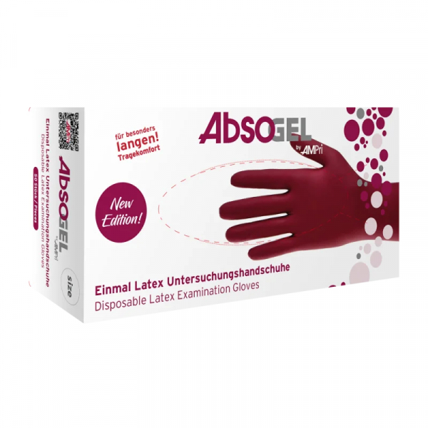 AMPRI-ABSOGEL  New edition, Latex-Einmal-Schutz- und Untersuchungshandschuh, bordeaux, ungepudert, VE= 10 Boxen  50 Stck