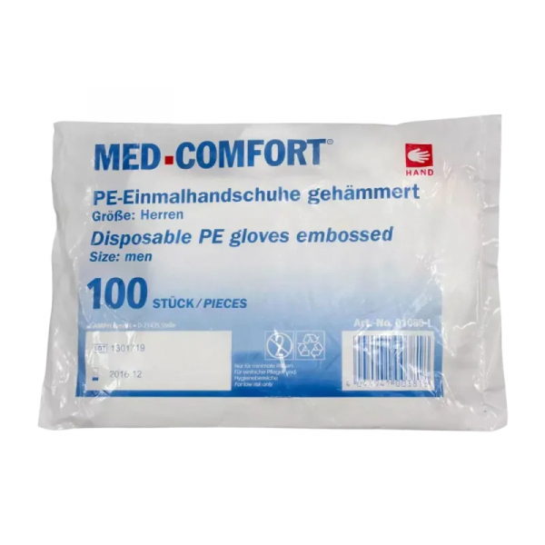 AMPRI-Hand-Schutz, Einweg-PE-Einmal-Handschuhe, MED COMFORT, gehmmert, unsteril, ca 30 cm lang, Pkg  100 Stck, VE = 100 Pkg, transparent