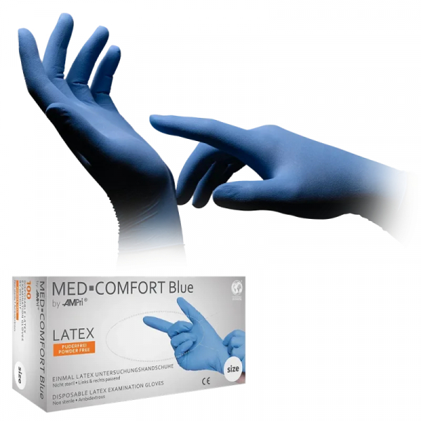 AMPRI-Hand-Schutz, Einweg-Latex-Einmal-Untersuchungshandschuhe, MED COMFORT BLUE, puderfrei, unsteril, Pkg  100 Stck, VE = 1 Pkg, blau
