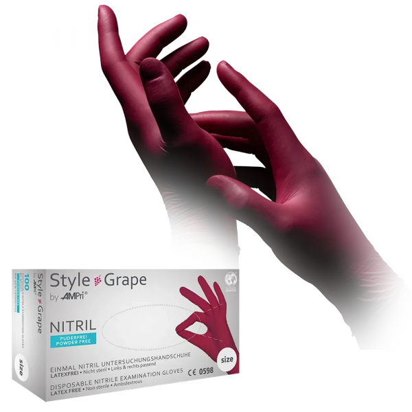 AMPRI-Hand-Schutz, Einweg-Nitril-Einmal-Untersuchungs-Handschuhe, STYLE GRAPE, unsteril, puderfrei, Pkg  100 Stck, VE = 10 Pkg, bordeaux
