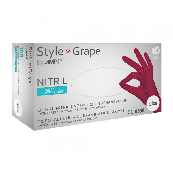 AMPRI-Hand-Schutz, Einweg-Nitril-Einmal-Untersuchungs-Handschuhe, STYLE GRAPE, unsteril, puderfrei, Pkg  100 Stck, VE = 10 Pkg, bordeaux