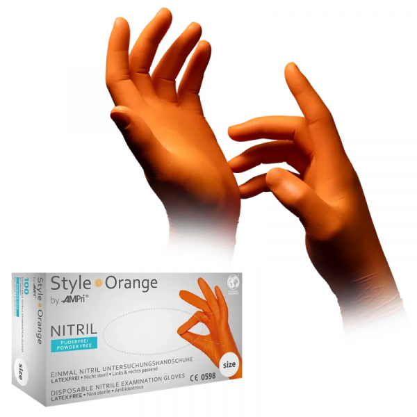 AMPRI-Hand-Schutz, Einweg-Nitril-Einmal-Untersuchungs-Handschuhe, STYLE ORANGE, puderfrei, unsteril, Pkg  100 Stck, VE = 10 Pkg, orange