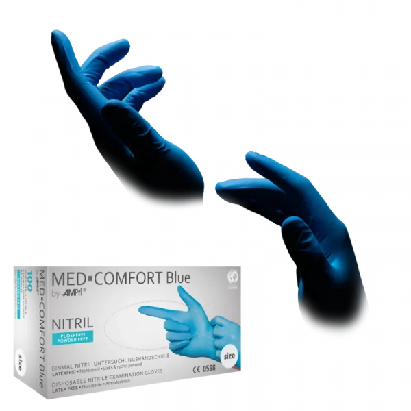 AMPRI-Hand-Schutz, Einweg-Nitril-Einmal-Untersuchungs-Handschuhe, BLUE COMFORT, puderfrei, unsteril, Pkg  100 Stck, VE = 10 Pkg, blau