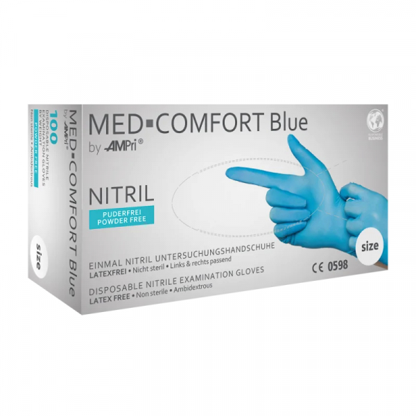 AMPRI-Hand-Schutz, Einweg-Nitril-Einmal-Untersuchungs-Handschuhe, BLUE COMFORT, puderfrei, unsteril, Pkg  100 Stck, VE = 10 Pkg, blau