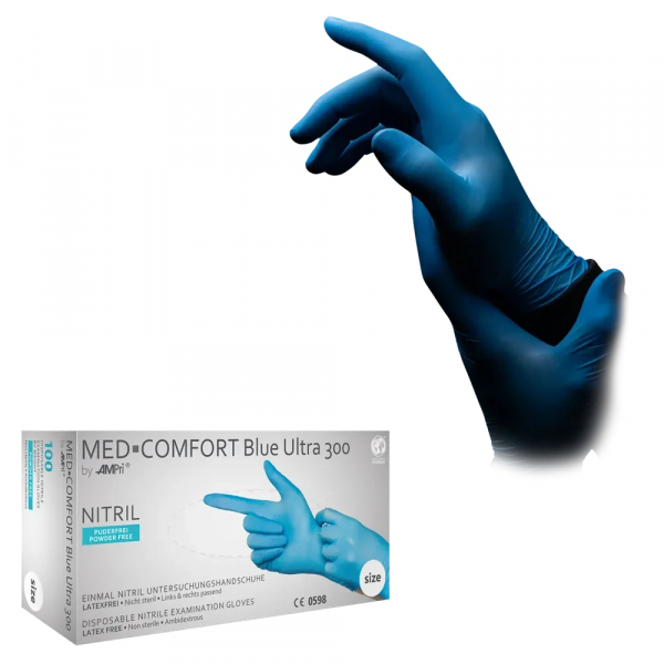 AMPRI-Hand-Schutz, Einweg-Nitril-Einmal-Handschuhe, MED COMFORT BLUE ULTRA 300, puderfrei, unsteril, Pkg  100 Stck, VE = 10 Pkg, blau