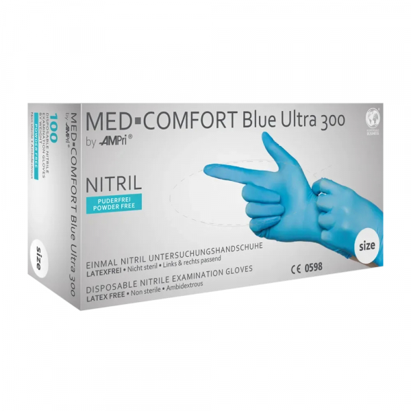 AMPRI-Hand-Schutz, Einweg-Nitril-Einmal-Handschuhe, MED COMFORT BLUE ULTRA 300, puderfrei, unsteril, Pkg  100 Stck, VE = 10 Pkg, blau
