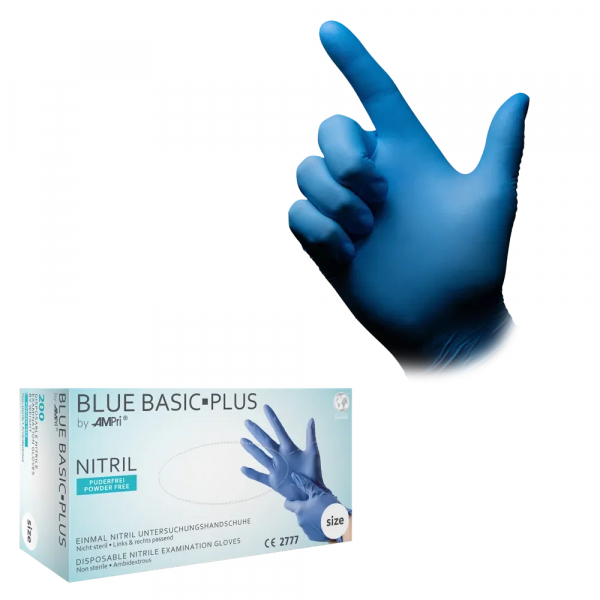 AMPRI-Hand-Schutz, Einweg-Nitril-Einmal-Handschuhe, BLUE BASIC PLUS, puderfrei, unsteril, Pkg  200 Stck, VE = 10 Pkg, blau