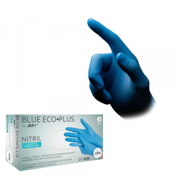 AMPRI-Hand-Schutz, Einweg-Nitril-Einmal-Untersuchungs-Handschuhe, BLUE ECO PLUS, puderfrei, unsteril, Pkg  100 Stck, VE = 1 Pkg, blau