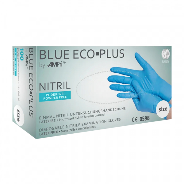 AMPRI-Hand-Schutz, Einweg-Nitril-Einmal-Untersuchungs-Handschuhe, BLUE ECO PLUS, puderfrei, unsteril, Pkg  100 Stck, VE = 1 Pkg, blau