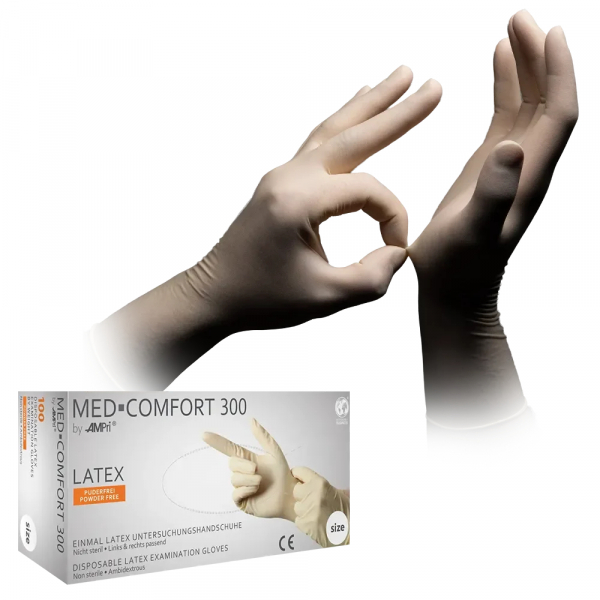 AMPRI-Hand-Schutz, Einweg-Latex-Einmal-Untersuchungs-Handschuhe, MED COMFORT 300, puderfrei, unsteril, Pkg  100 Stck, VE = 10 Pkg, wei