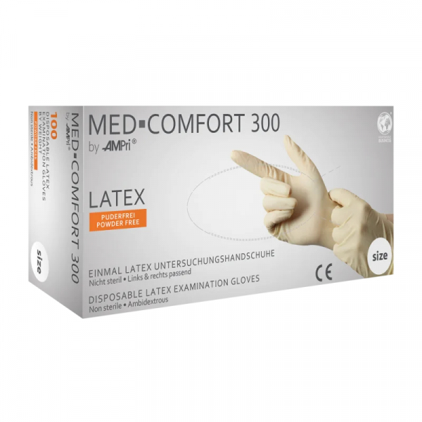 AMPRI-Hand-Schutz, Einweg-Latex-Einmal-Untersuchungs-Handschuhe, MED COMFORT 300, puderfrei, unsteril, Pkg  100 Stck, VE = 10 Pkg, wei